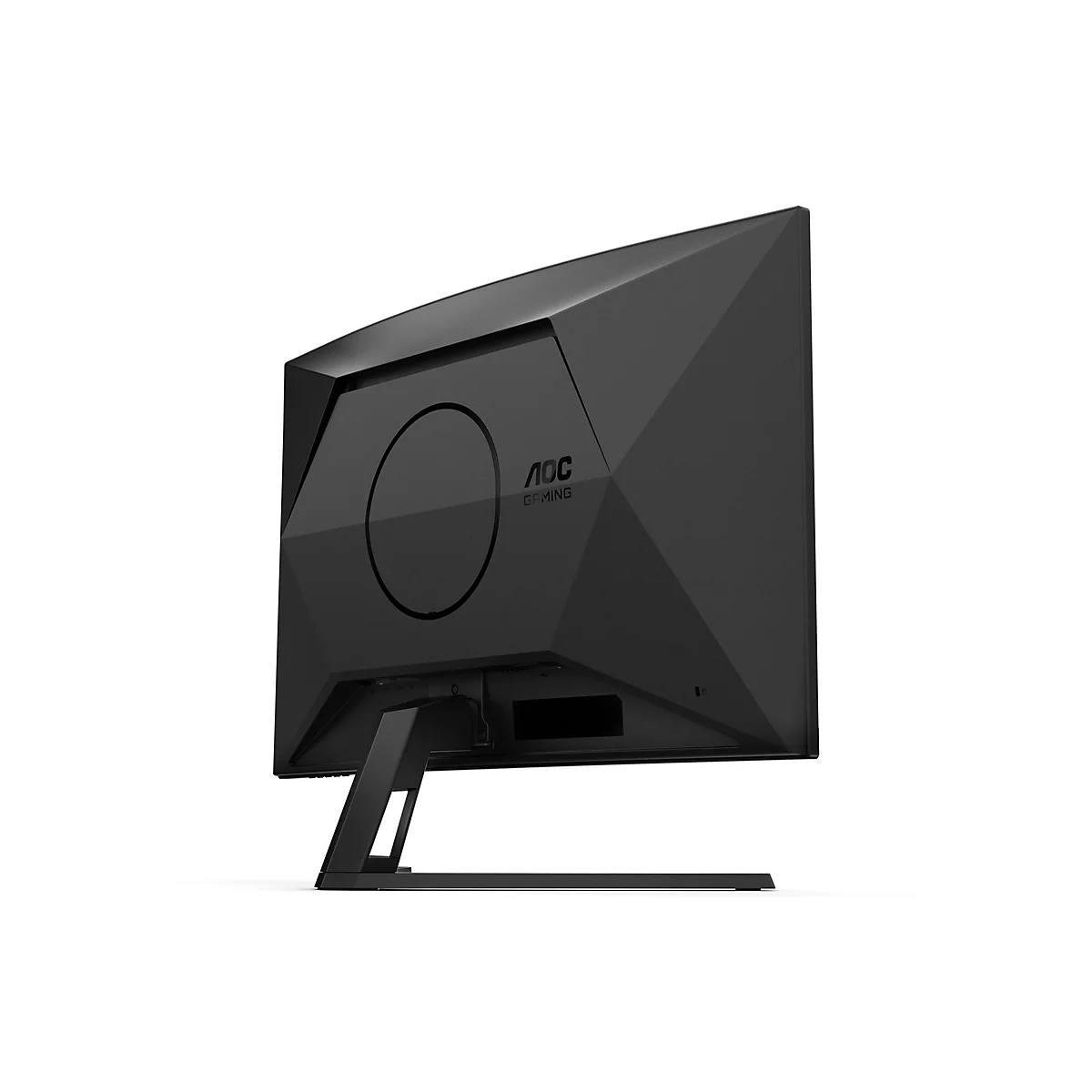 Rückseite eines schwarzen AOC Gaming-Monitors mit kantigem Design auf einem Standfuß vor weißem Hintergrund.