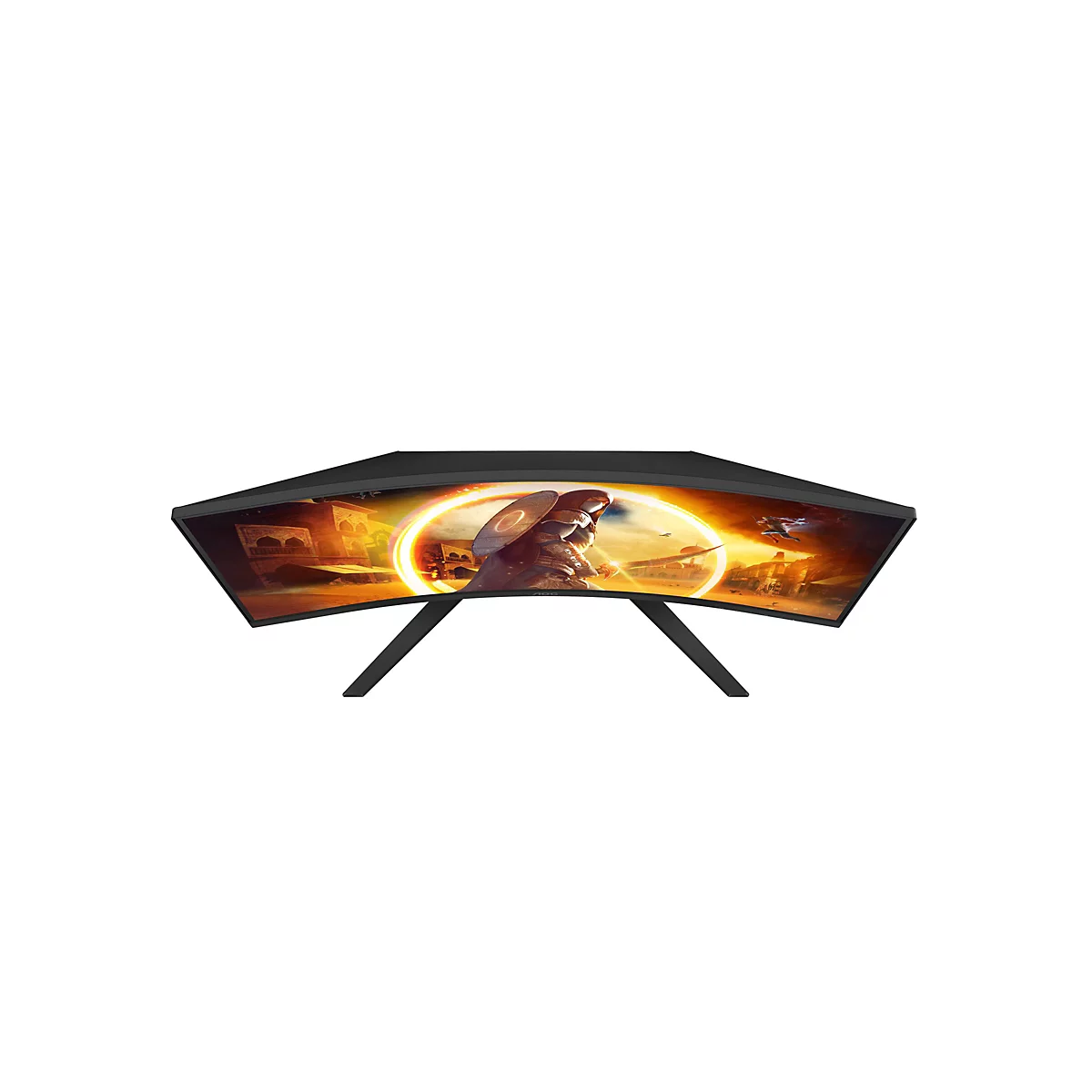 Draufsicht eines schwarzen, gebogenen Gaming-Monitors auf einem Standfuß mit farbigem Fantasy-Spielbild.