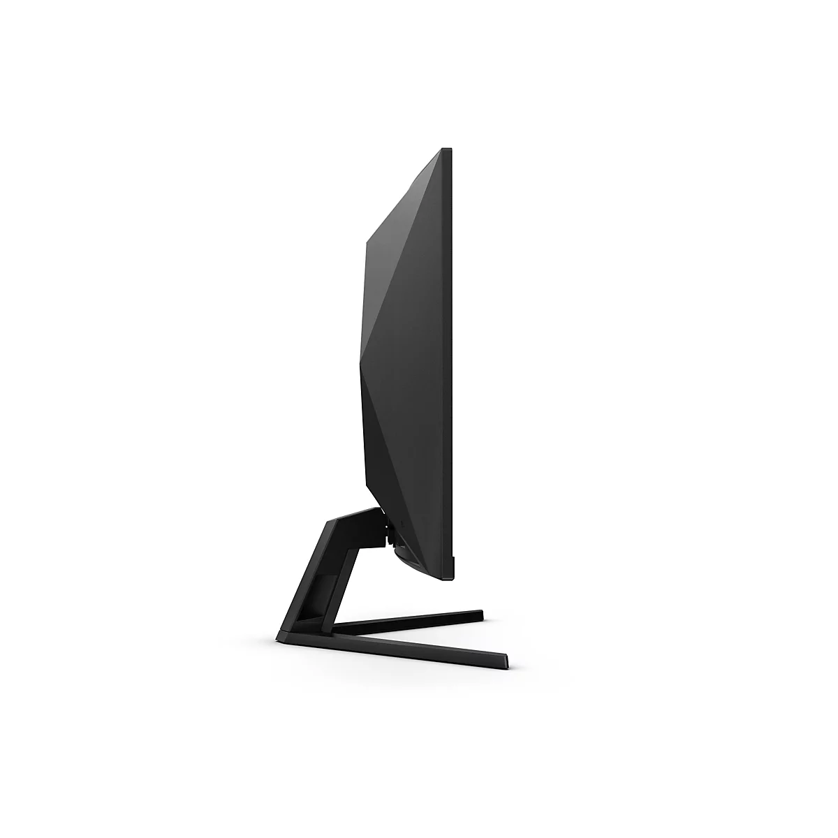 Seitenansicht eines schwarzen Computer-Monitors mit kantigem Standfuß vor weißem Hintergrund.