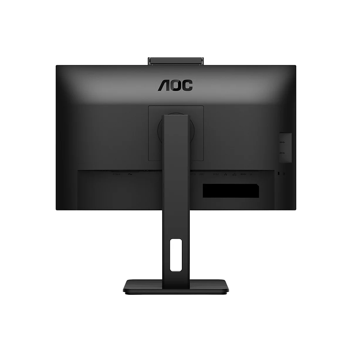 Rückseite eines schwarzen AOC Monitors mit Standfuß und sichtbaren Anschlussbuchsen.