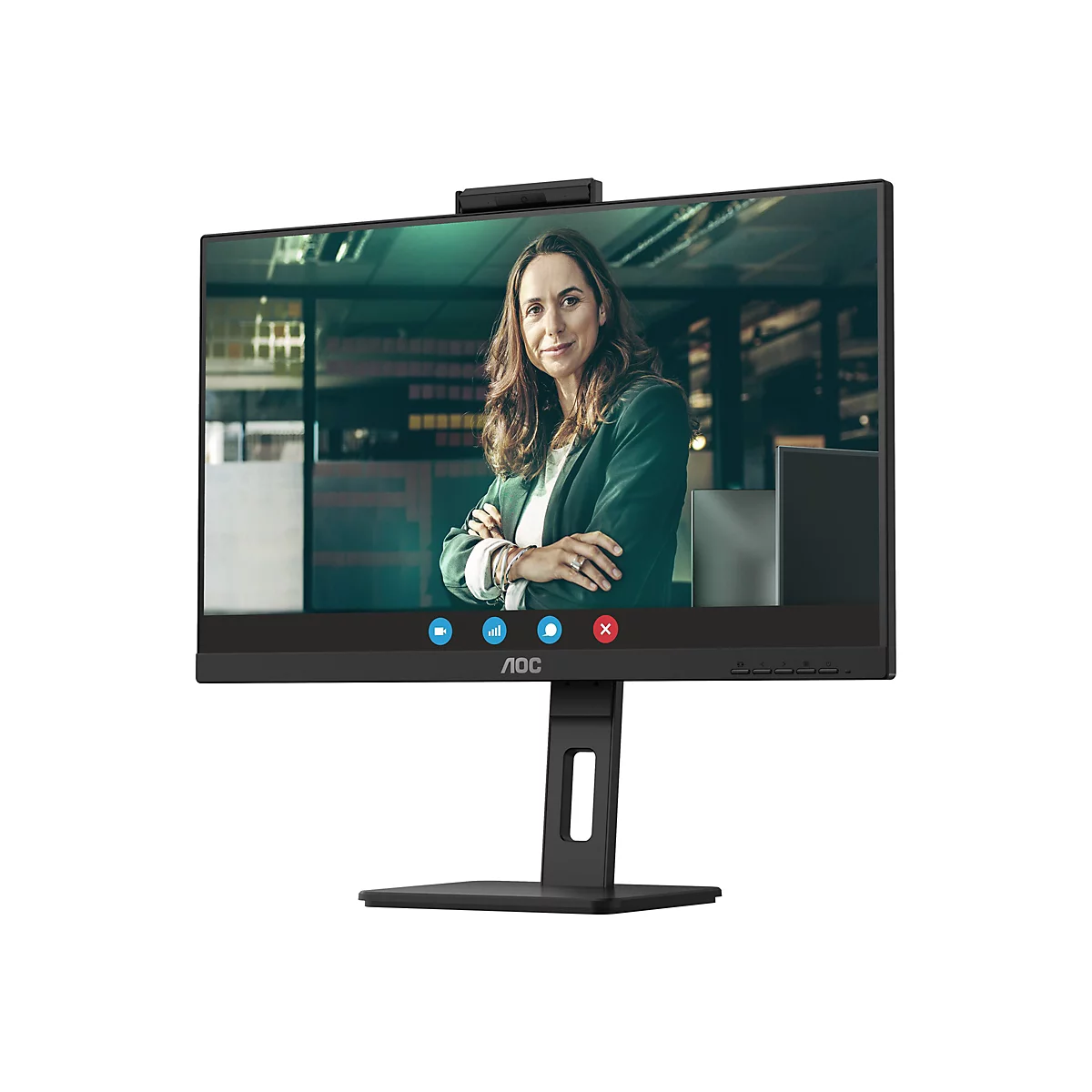 Ein schwarzer AOC-Monitor mit einer Frau, die an einer Videokonferenz teilnimmt. Die Frau hat braune Haare und trägt einen grünen Blazer. Der Monitor hat eine Webcam und ein schwarzes Gehäuse.