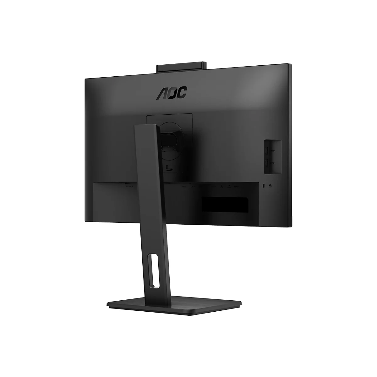 Schwarzer AOC Monitor, Rückseite. Der Monitor steht auf einem schwarzen Standfuß und hat diverse Anschlüsse.
