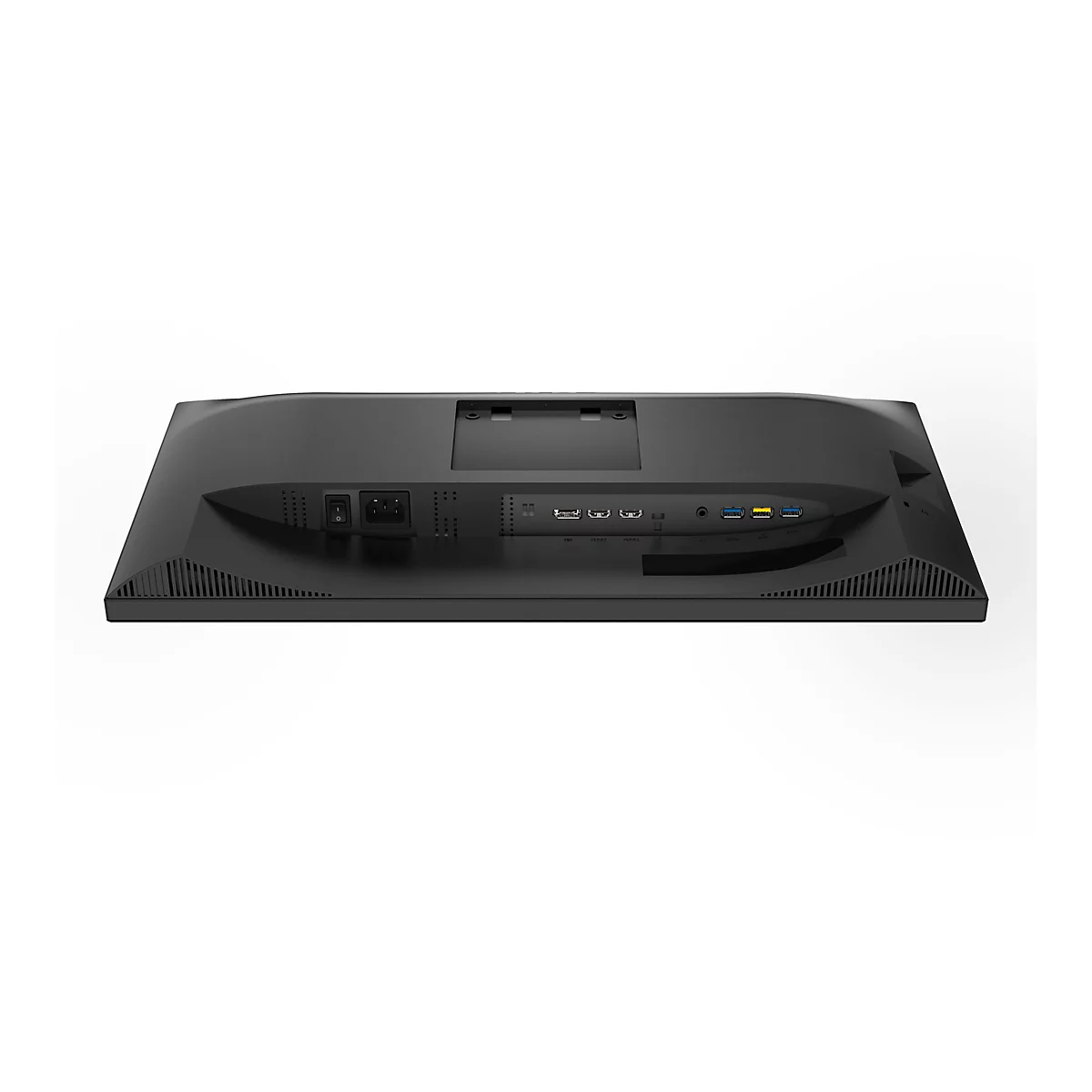Rückseite eines schwarzen Monitors. Anschlüsse, darunter HDMI und USB, sind sichtbar.