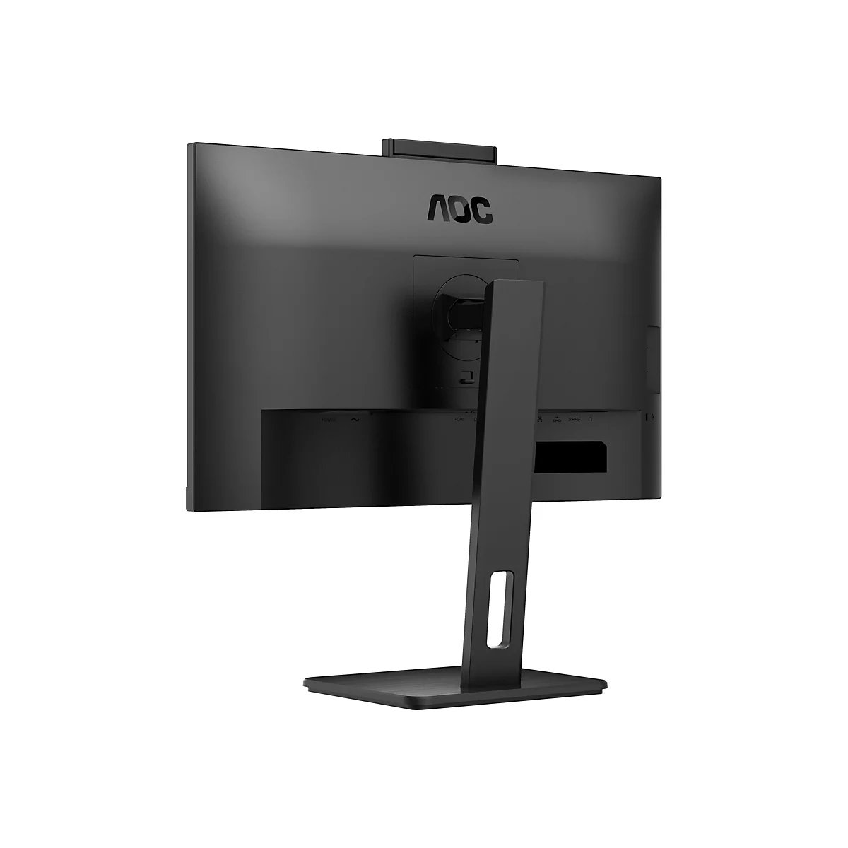 Rückansicht eines schwarzen AOC Monitors mit Standfuß vor weißem Hintergrund.
