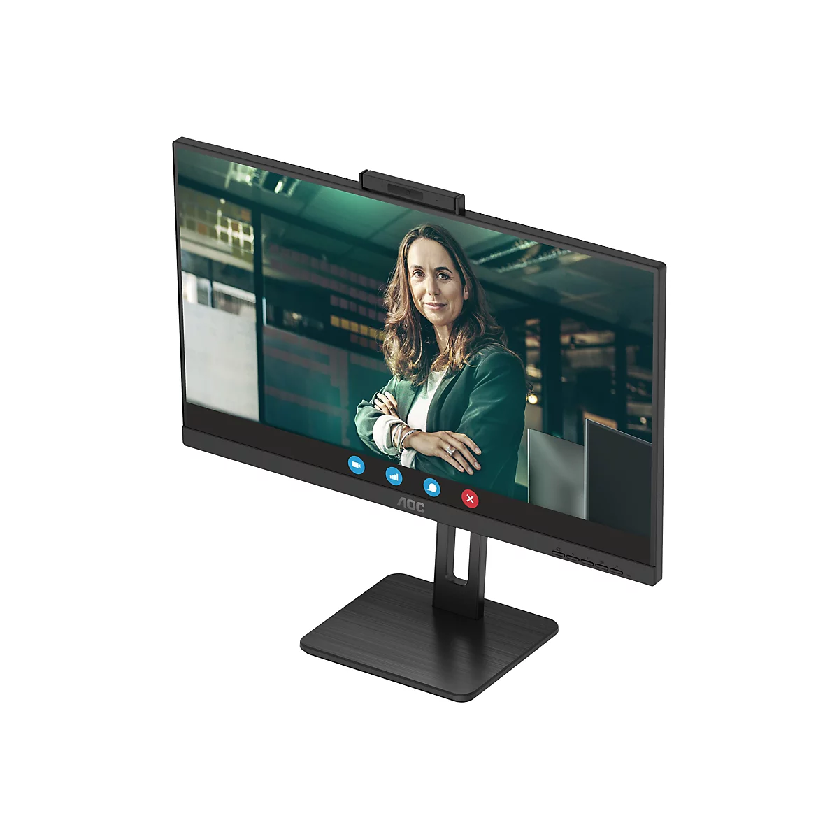 Ein schwarzer AOC-Monitor mit einer integrierten Webcam, auf dem eine Frau in einer Videokonferenz zu sehen ist. Der Monitor steht auf einem rechteckigen Fuß.