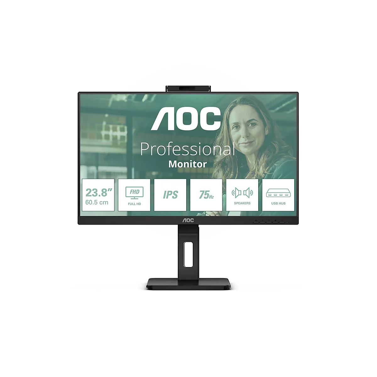 Ein schwarzer AOC Professional Monitor mit Webcam, Frau auf dem Bildschirm, Angaben zu Größe, Auflösung und Anschlüssen.