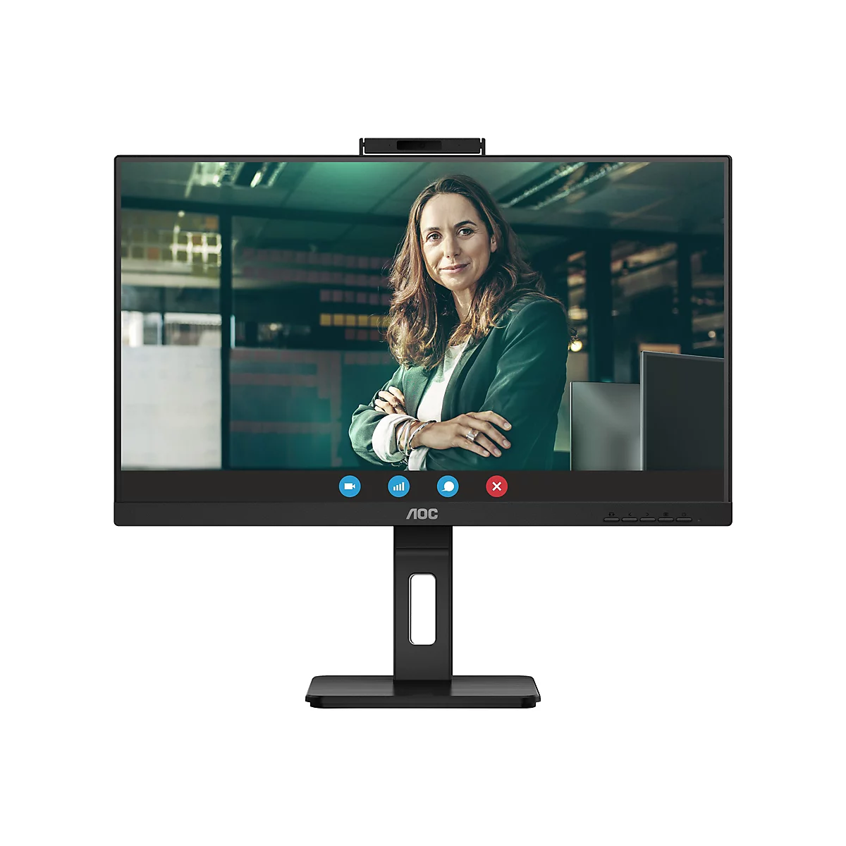 Monitor mit integrierter Webcam, auf dem eine Frau während eines Videoanrufs zu sehen ist. Der Monitor steht auf einem Schreibtisch.