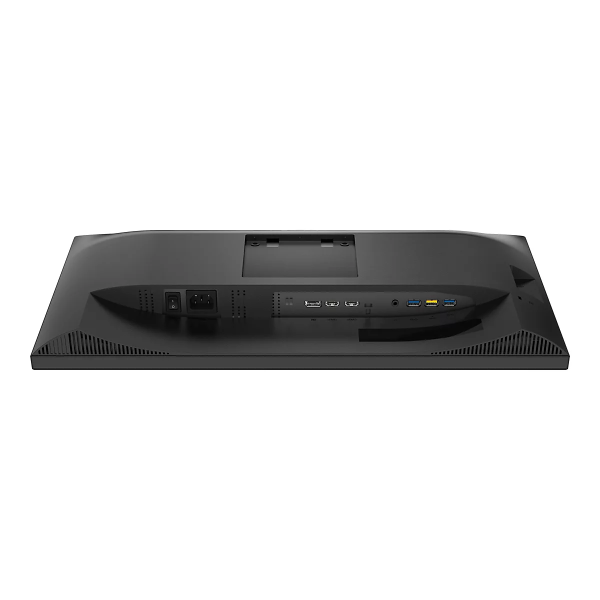 Rückseite eines schwarzen Monitors mit Anschlüssen, wie Strom, HDMI und USB, auf weißem Hintergrund.