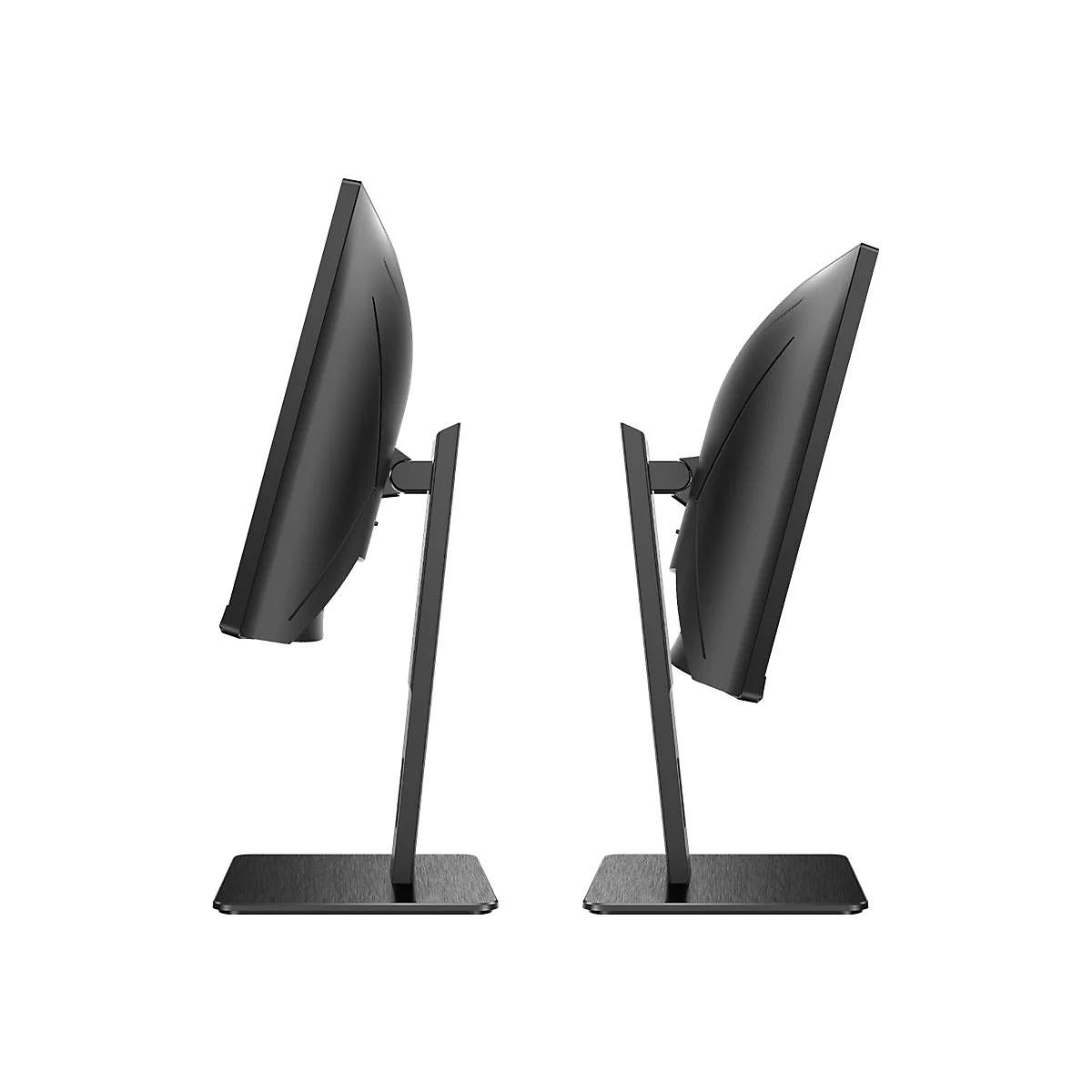 Zwei schwarze Computermonitore in Seitenansicht auf weißem Hintergrund. Jedes Display steht auf einem Standfuß.