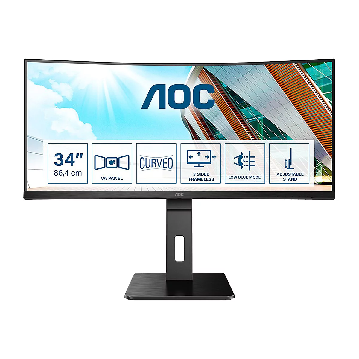 AOC Curved Monitor mit 34 Zoll, schwarz. Eigenschaften: VA Panel, 3-seitig rahmenlos, Low Blue Mode, höhenverstellbar. Logo und Produkt-Details.
