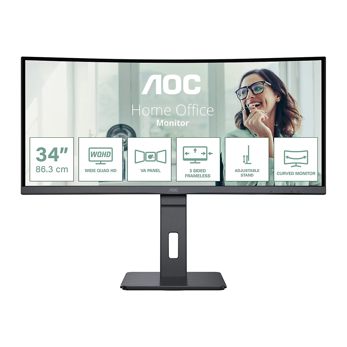 AOC 34 Zoll Curved Monitor für das Home Office mit technischen Spezifikationen auf dem Display.
