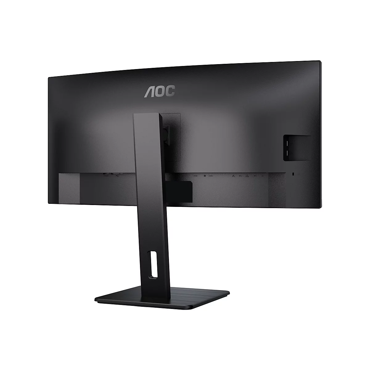 Rückansicht eines schwarzen AOC-Computermonitors mit Standfuß vor weißem Hintergrund.