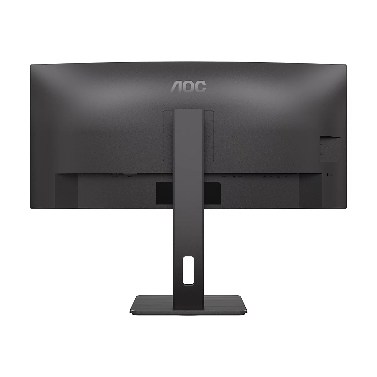 Rückseite eines schwarzen AOC Monitors mit Standfuß vor weißem Hintergrund.