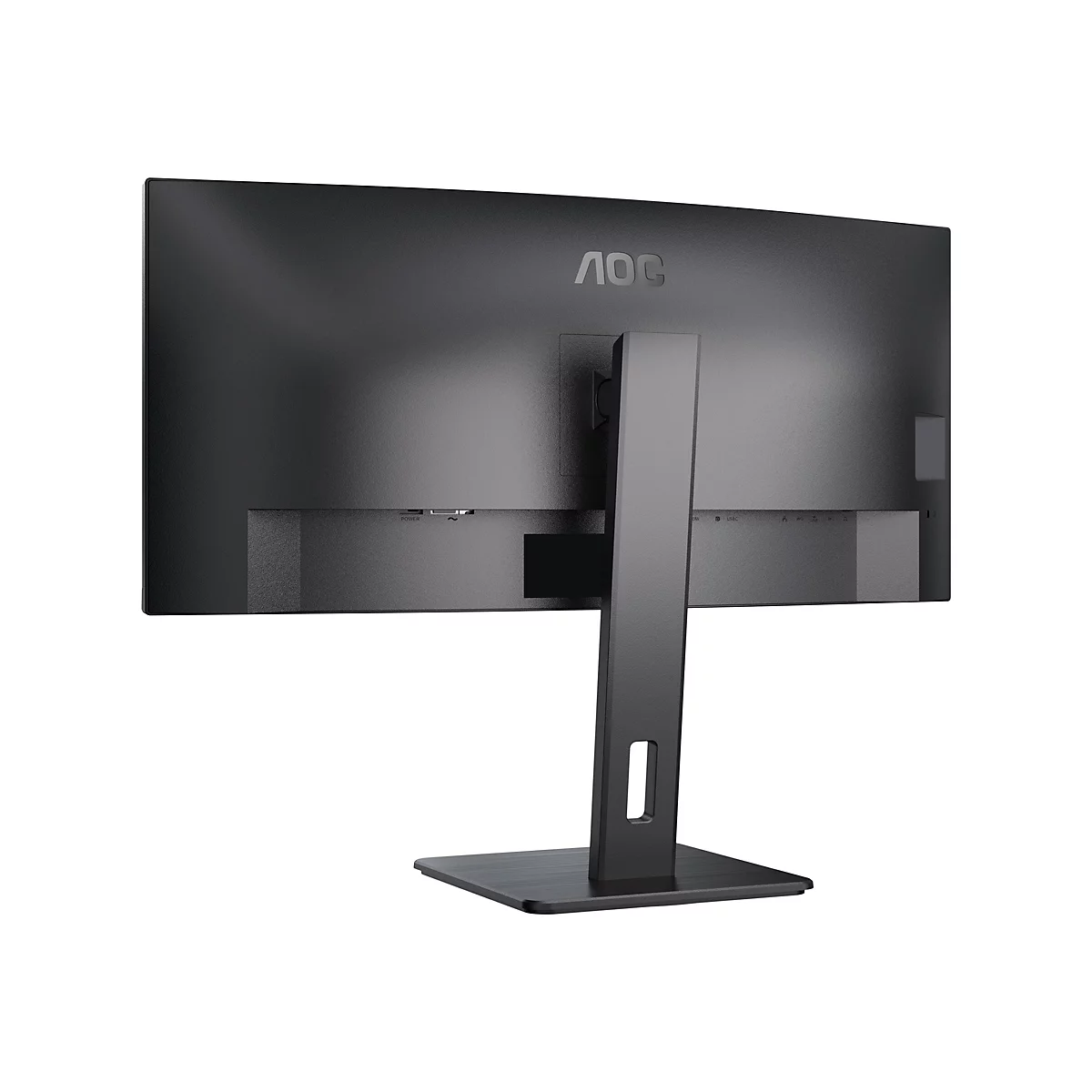 Rückansicht eines schwarzen AOC Monitors mit Standfuß und sichtbaren Anschlüssen vor weißem Hintergrund.