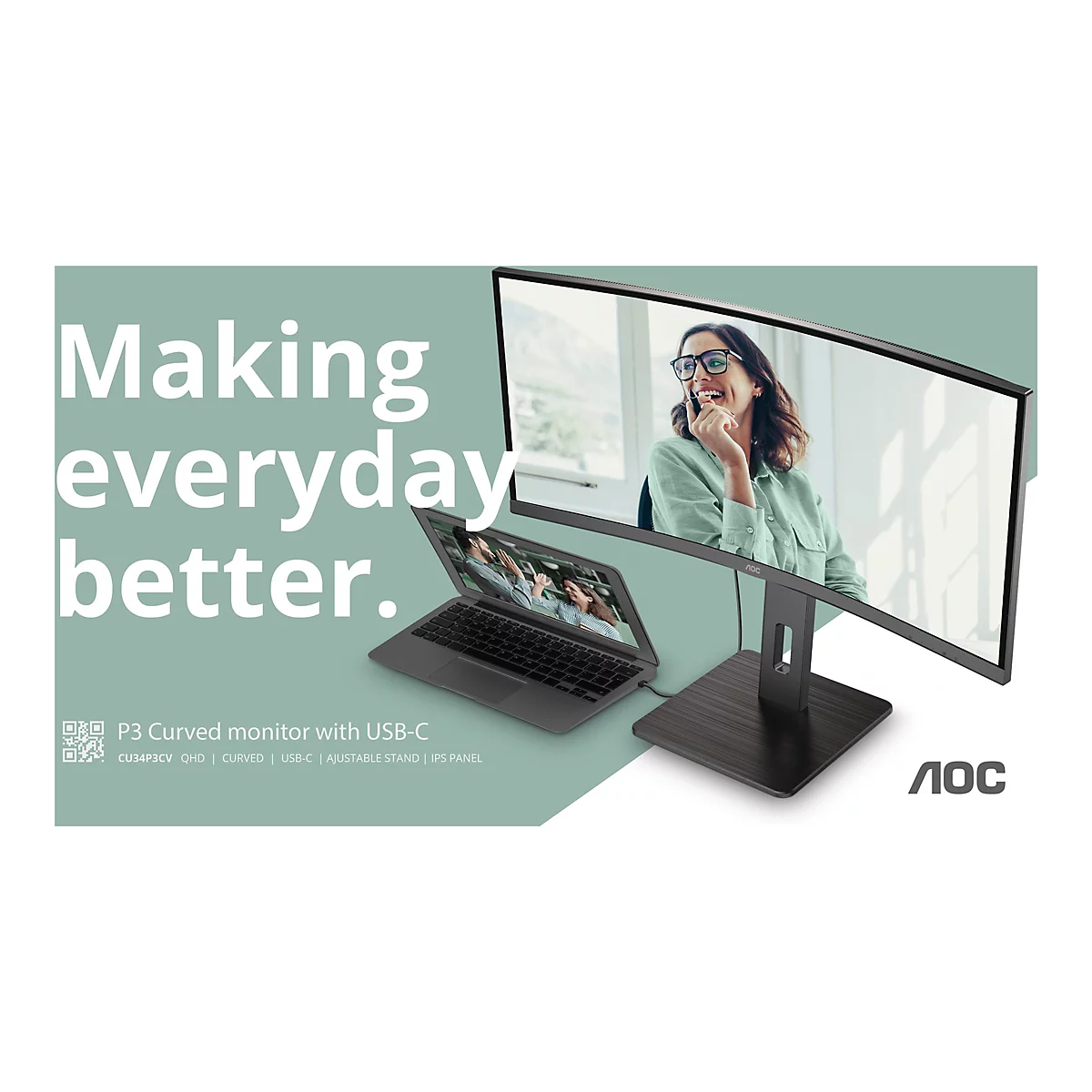 AOC Pro-line CU34P3CV - P3 Series - LED-Monitor - gebogen - 86.36 cm (34') - 3440 x 1440 UWQHD @ 100 Hz