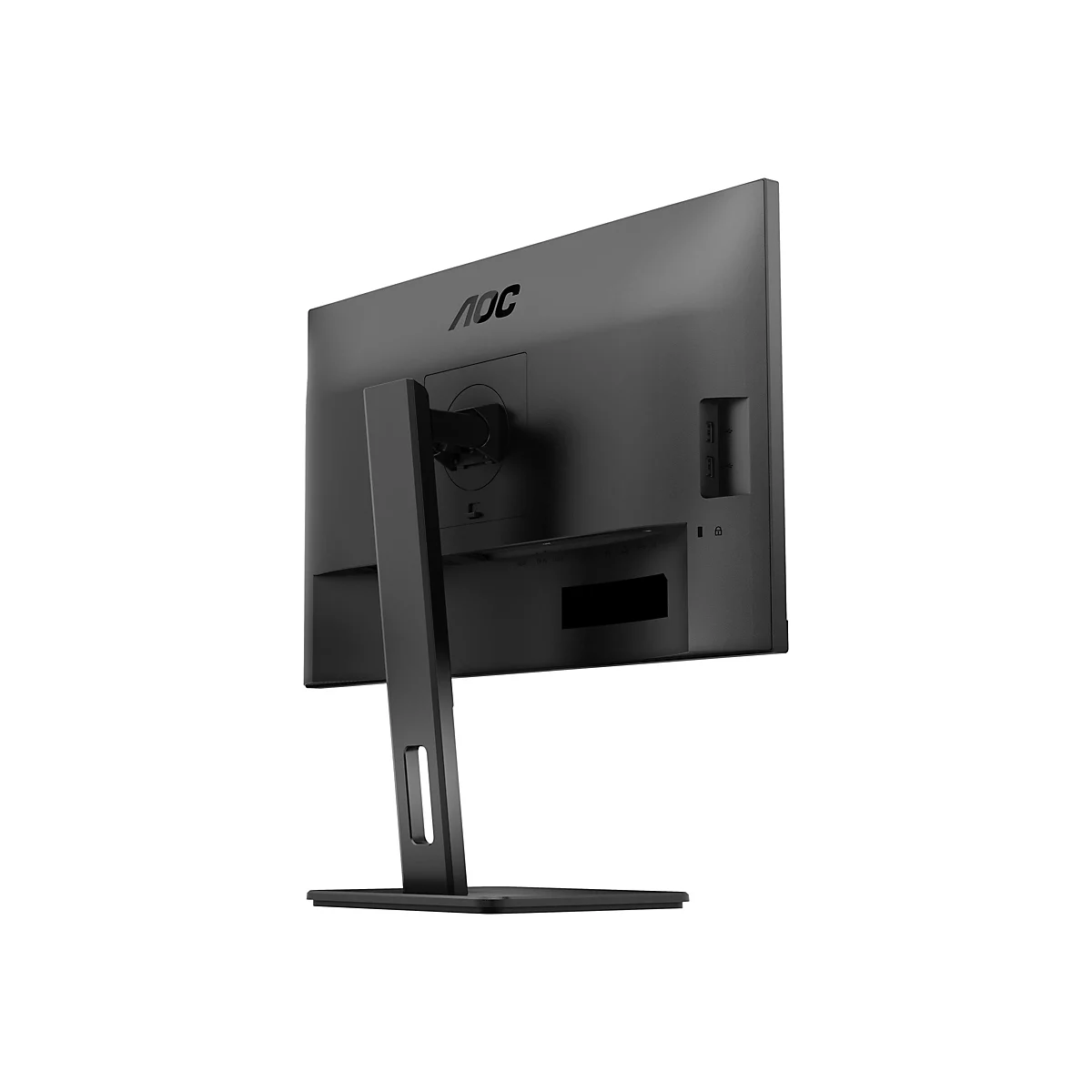 Rückansicht eines schwarzen AOC Monitors auf einem Standfuß vor weißem Hintergrund.
