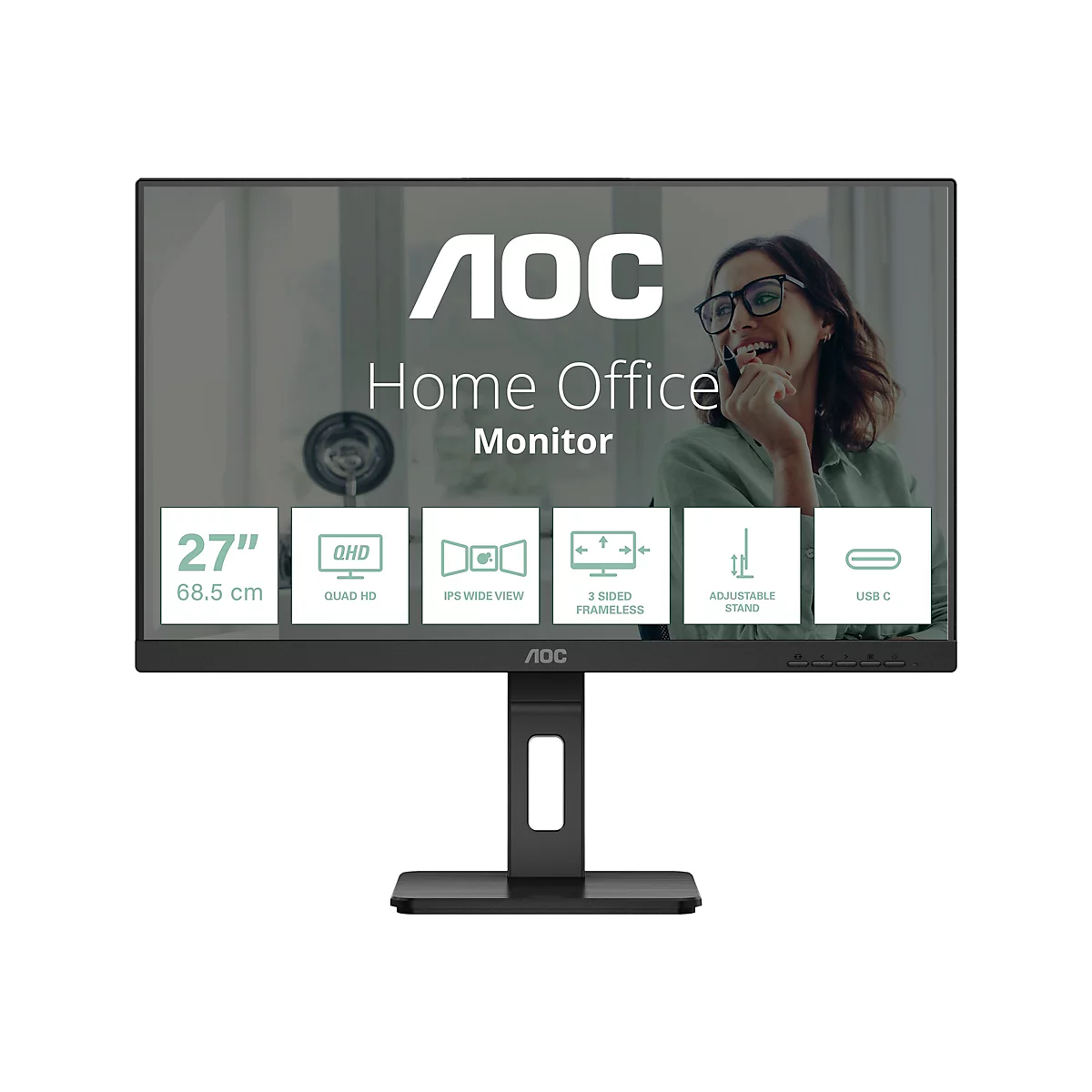 AOC Monitor für Home Office. Auf dem Bildschirm lächelt eine Frau in Brille. Der Monitor hat Funktionen wie QHD, IPS, und USB-C.