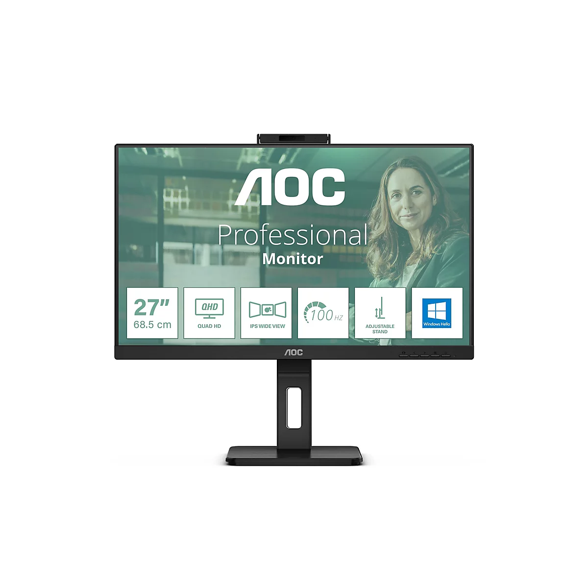 AOC 27-Zoll Professional Monitor mit Webcam und Funktionssymbolen auf dem Display.