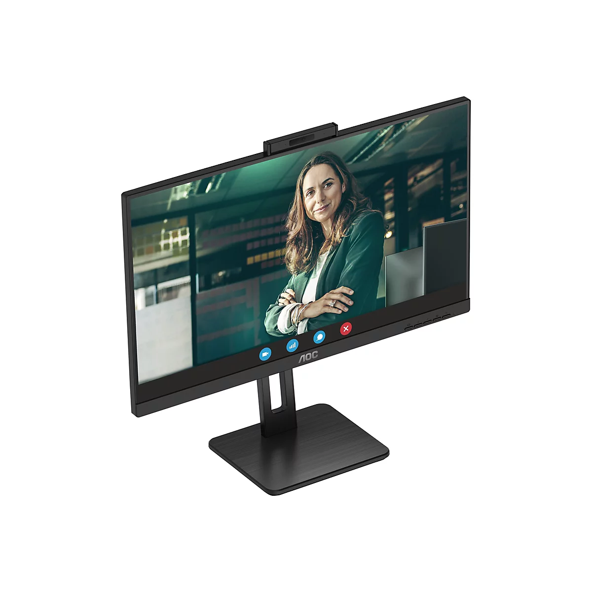 AOC Monitor mit integrierter Webcam zeigt eine Frau in einem Videocall auf weißem Hintergrund.