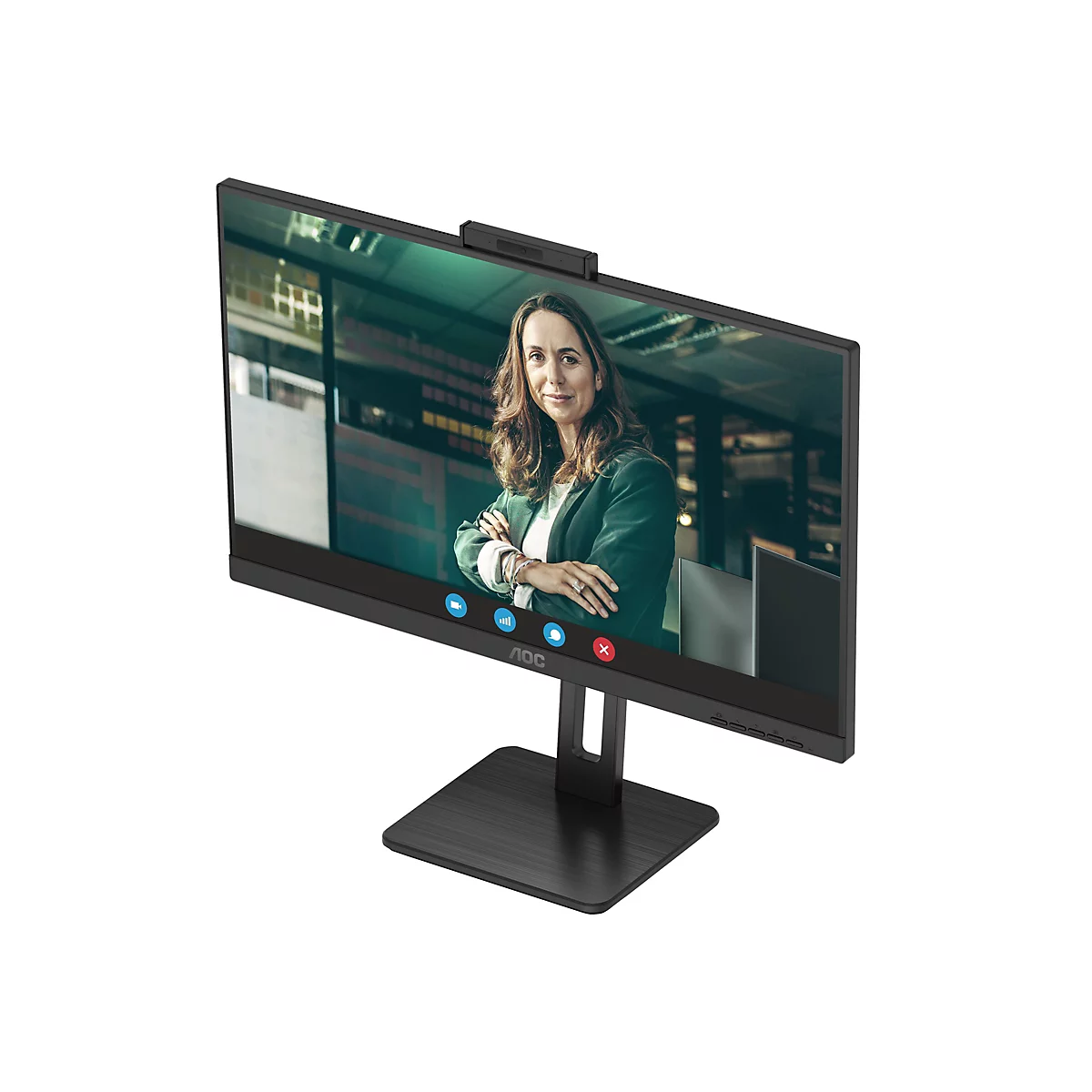 Ein schwarzer AOC-Monitor mit einer Frau, die per Videoanruf spricht. Der Monitor hat eine Webcam und ein quadratisches Unterteil.