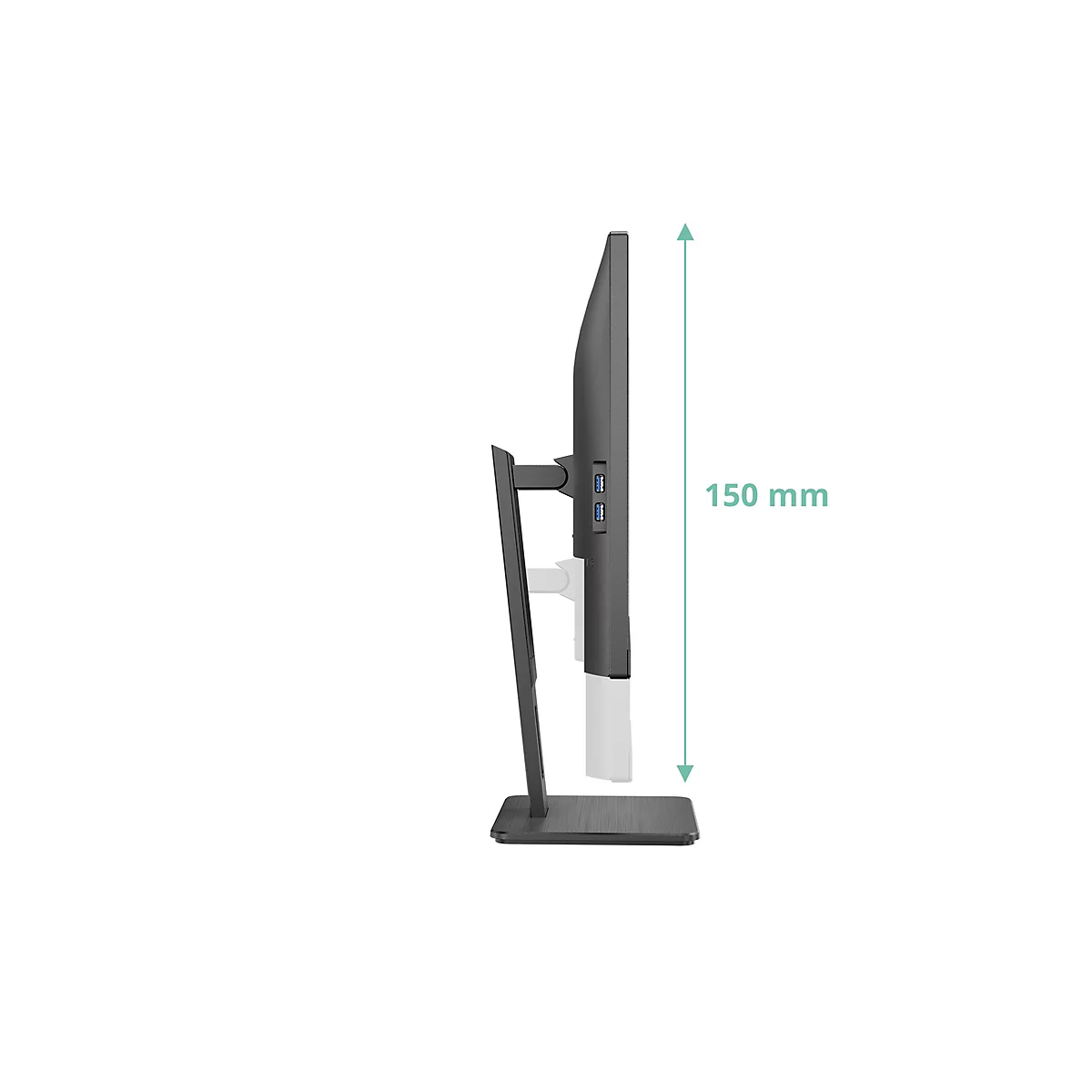 Seitenansicht eines Monitors mit Höhenverstellbarkeit von 150 mm.