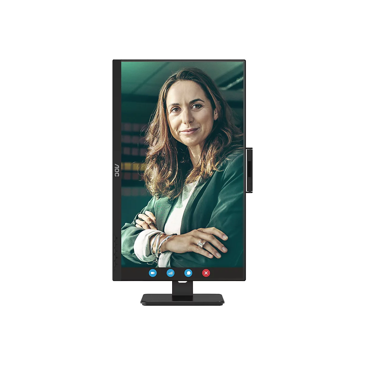 Ein AOC-Monitor zeigt eine Videokonferenz. Eine Frau mit verschränkten Armen lächelt. Auf dem Monitor befinden sich Symbole für Video, Mikrofon, Statistik und Beenden.