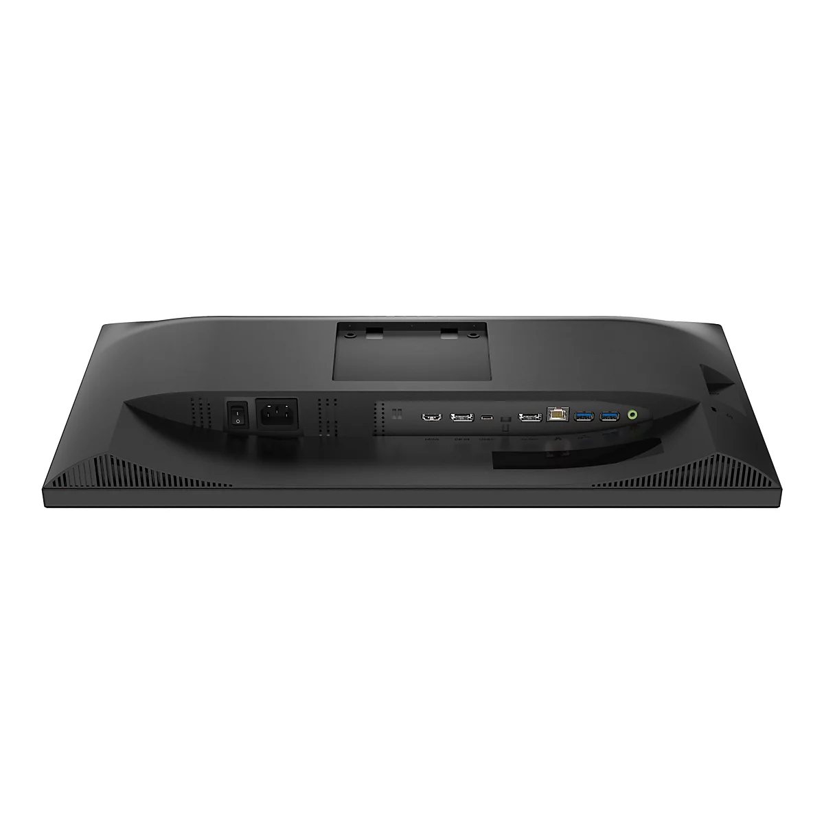Rückseite eines schwarzen Monitors, mit Anschlüssen wie HDMI, DP, USB und Stromanschluss.