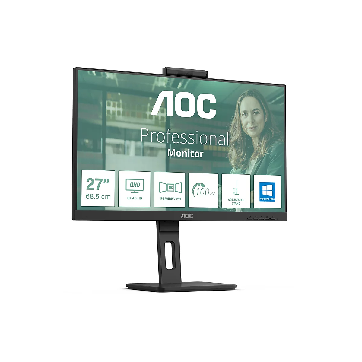 Moniteur AOC. Écran noir, femme en arrière-plan, caractéristiques du produit.