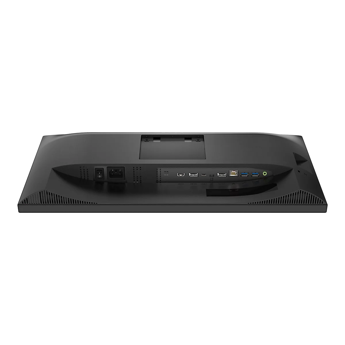 Arrière d'un moniteur noir avec des ports, dont HDMI, DP, USB et audio. Il y a une grille de ventilation en bas.