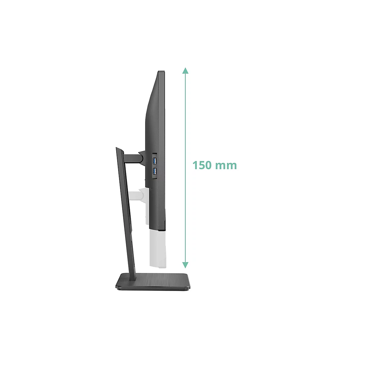 Vue latérale d'un moniteur noir. Des ports sont visibles sur la droite, dont USB. La hauteur est de 150 mm.