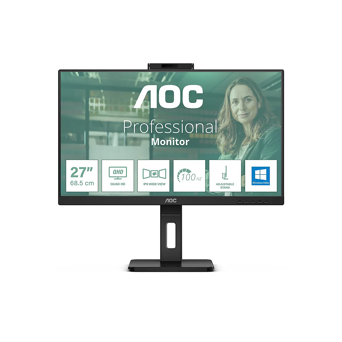 Un moniteur AOC noir avec une caméra en haut. L'écran affiche une femme, avec les mots "Professional Monitor" et des spécifications techniques en dessous.