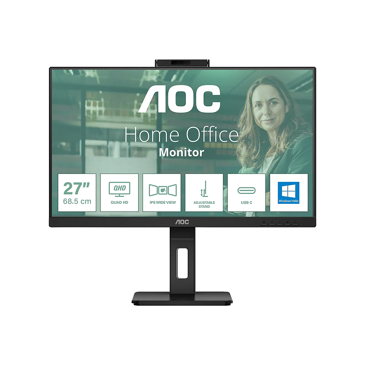 AOC 27-Zoll Home Office Monitor mit Webcam und Funktions-Icons auf dem Display.