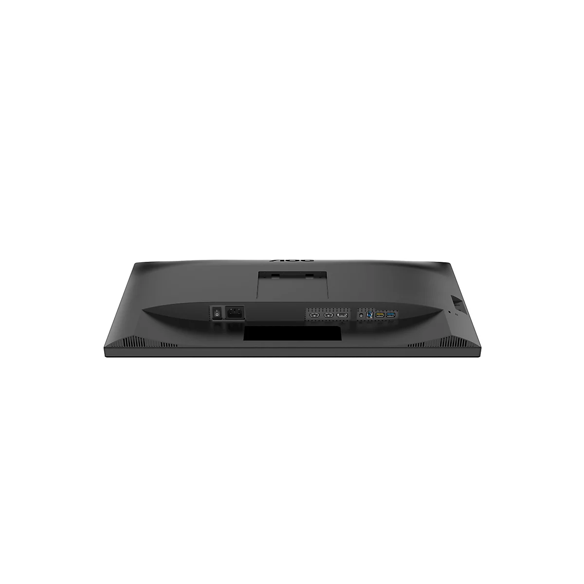 Rückseite eines schwarzen AOC-Monitors, Stromanschluss, HDMI-Anschlüsse und USB-Anschlüsse sichtbar.