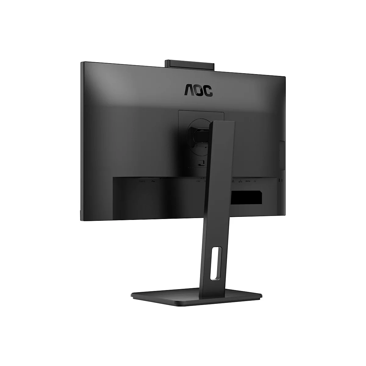 Rückansicht eines schwarzen AOC Monitors mit Standfuß und sichtbaren Anschlüssen vor weißem Hintergrund.