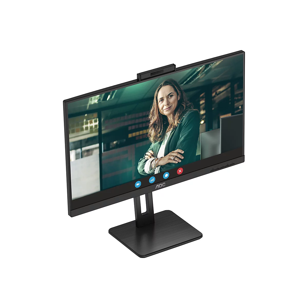 Ein schwarzer Computermonitor mit integrierter Webcam. Auf dem Bildschirm ist eine Frau in Videokonferenz zu sehen.