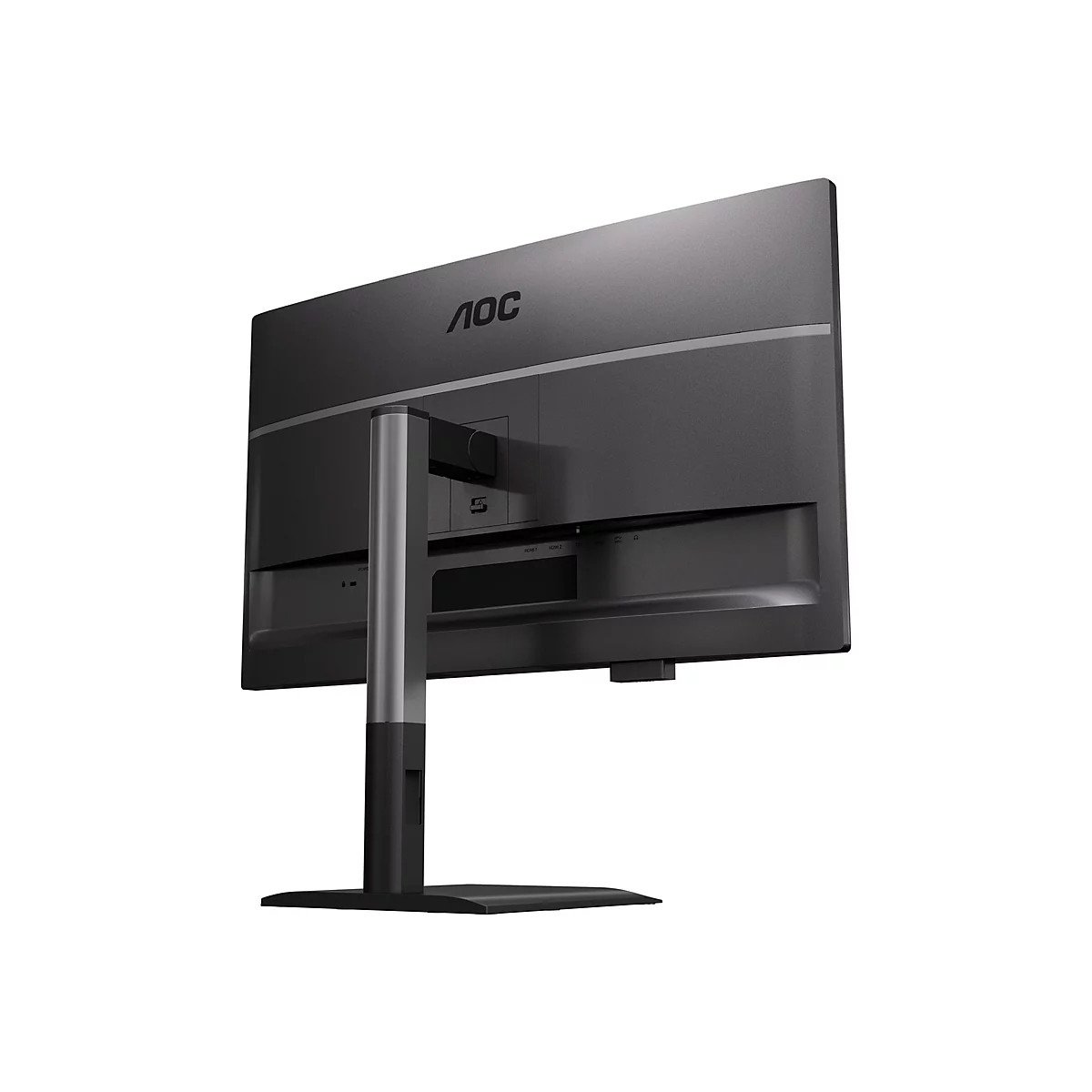 Der Blick auf die Rückseite eines schwarzen AOC-Monitors, der leicht nach rechts geneigt ist. Die Rückseite zeigt Anschlüsse und das AOC-Logo.