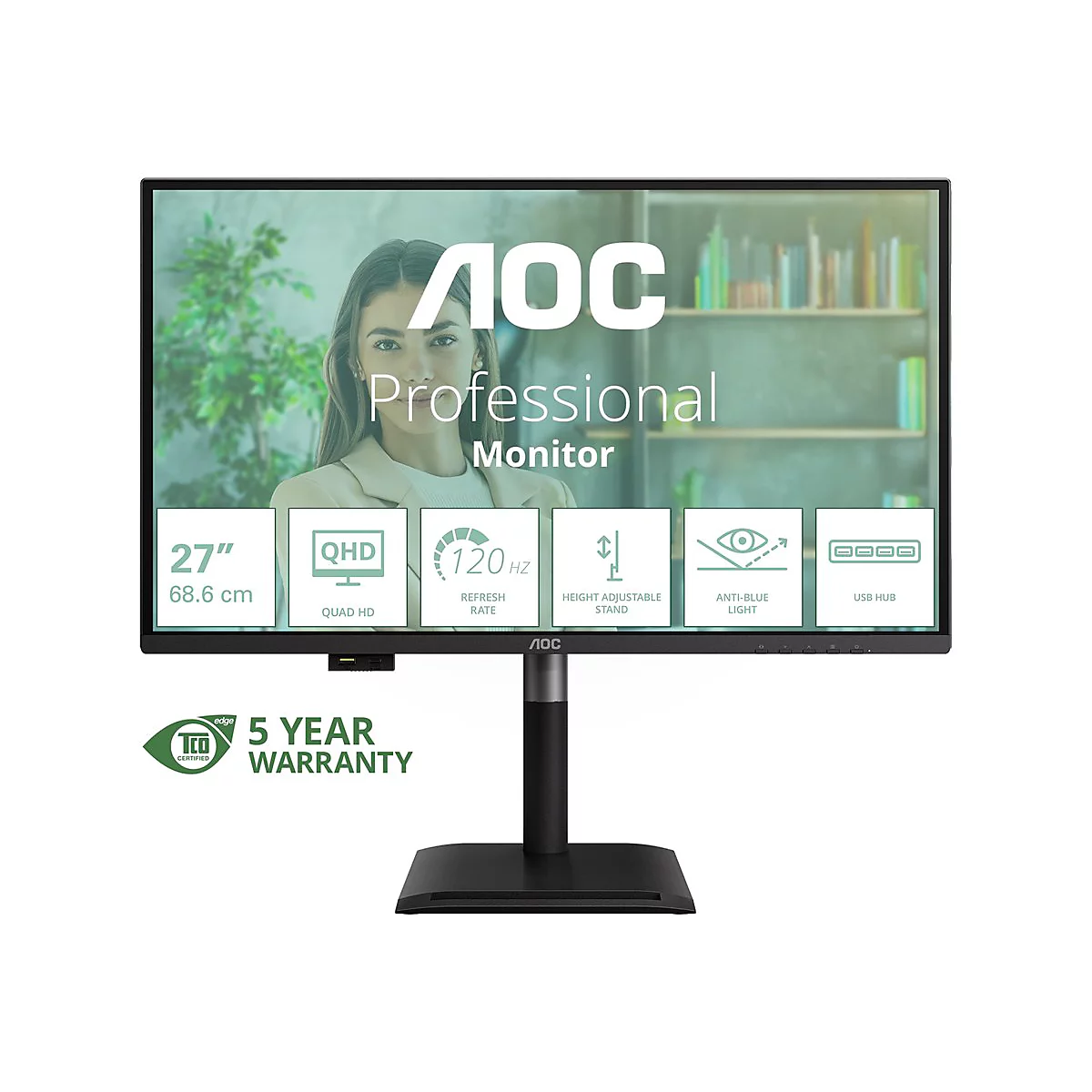 AOC Monitor. Schwarzer Bildschirm, Frau im Hintergrund, Produktmerkmale sind dargestellt.