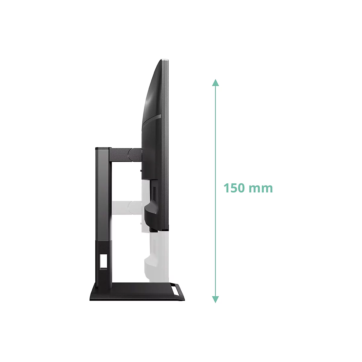 Seitenansicht eines schwarzen Monitors mit Standfuß. Ein grüner Pfeil zeigt die Höhe von 150 mm.