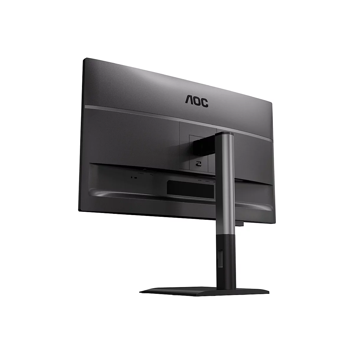 Rückansicht eines schwarzen AOC-Monitors mit Standfuß. Anschlüsse und das AOC-Logo sind sichtbar.