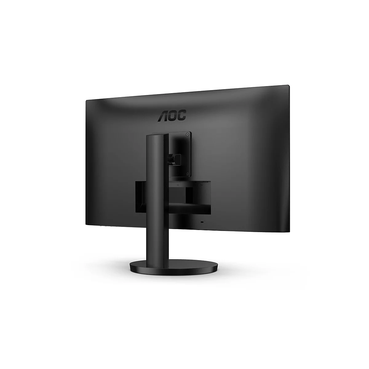 Rückansicht eines schwarzen AOC Computermonitors mit Standfuß vor weißem Hintergrund.