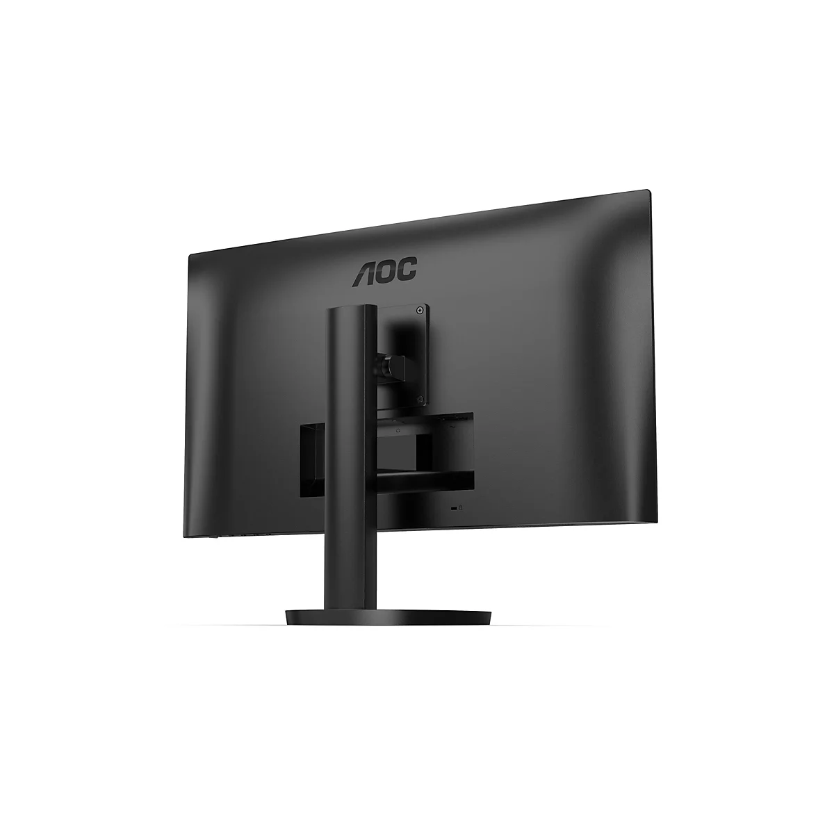 Rückansicht eines schwarzen AOC-Monitors mit AOC-Logo. Der Monitor steht auf einem schwarzen Fuß.
