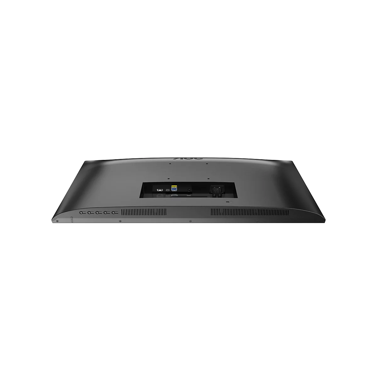 Rückansicht eines schwarzen AOC-Monitors mit Anschlüssen, darunter HDMI und Stromanschluss, auf weißem Hintergrund.