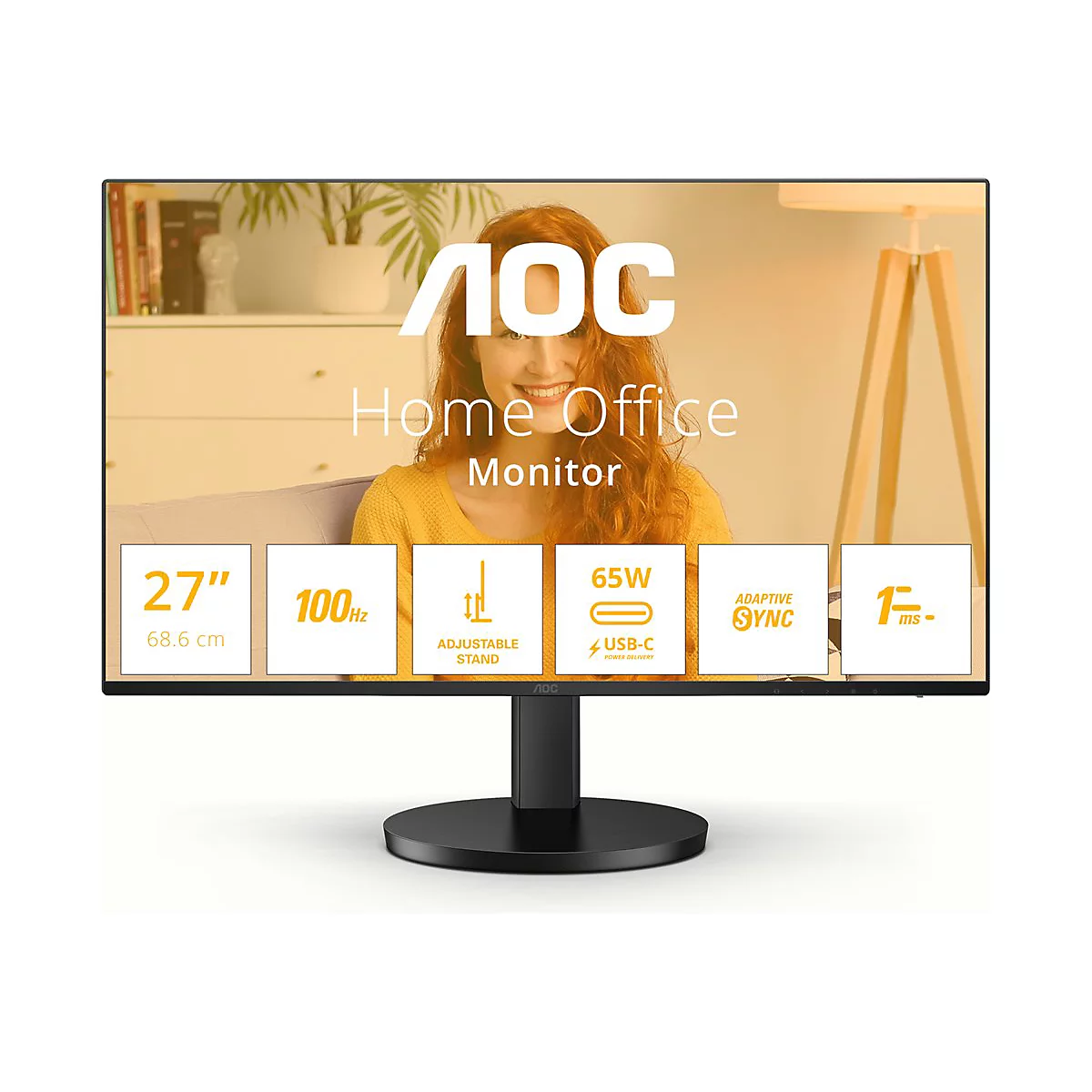 AOC Monitor 27 Zoll mit Home-Office-Inhalten und sechs Produkt-Icons auf hellem Untergrund.