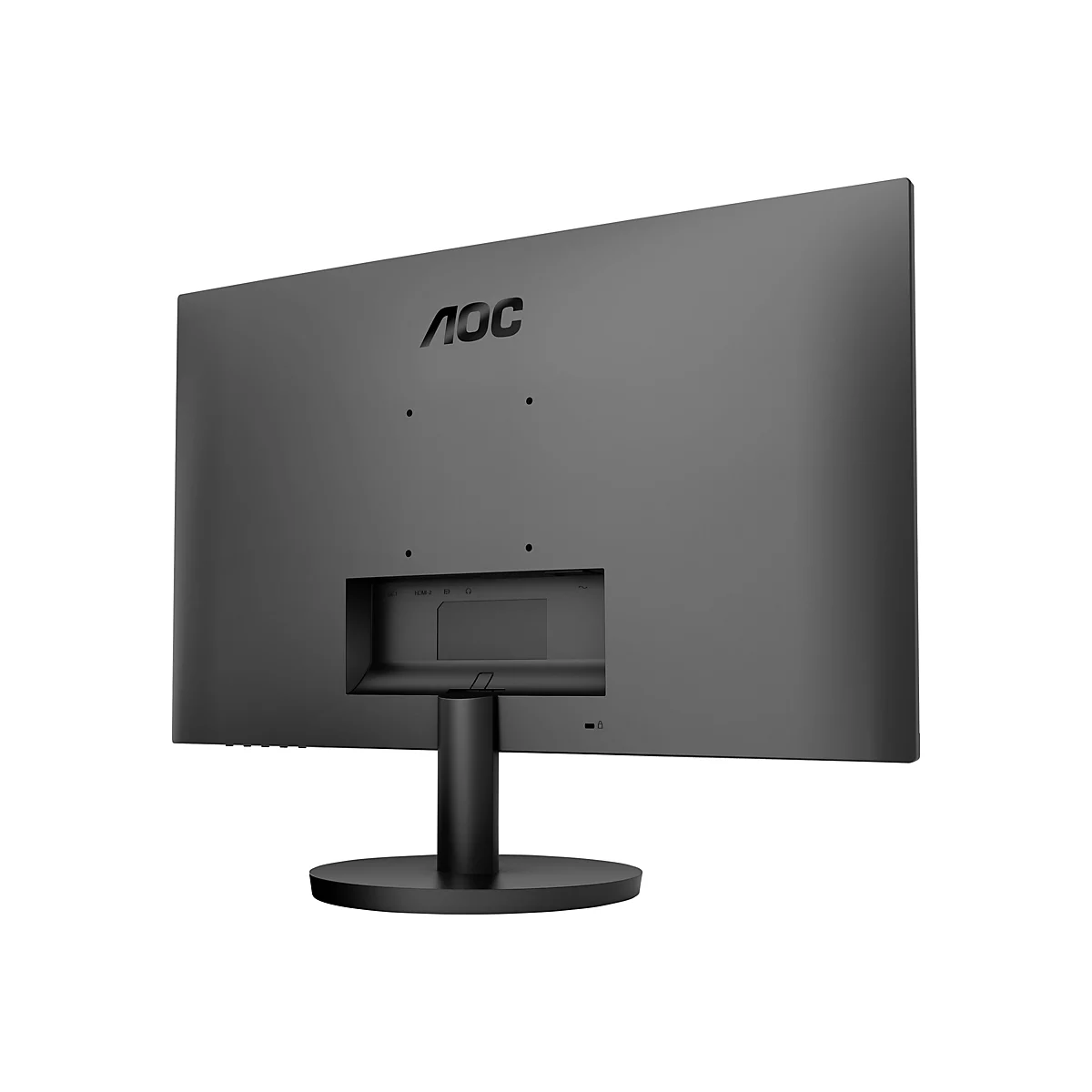 Rückseite eines schwarzen AOC-Monitors. Anschlüsse und das AOC-Logo sind sichtbar.
