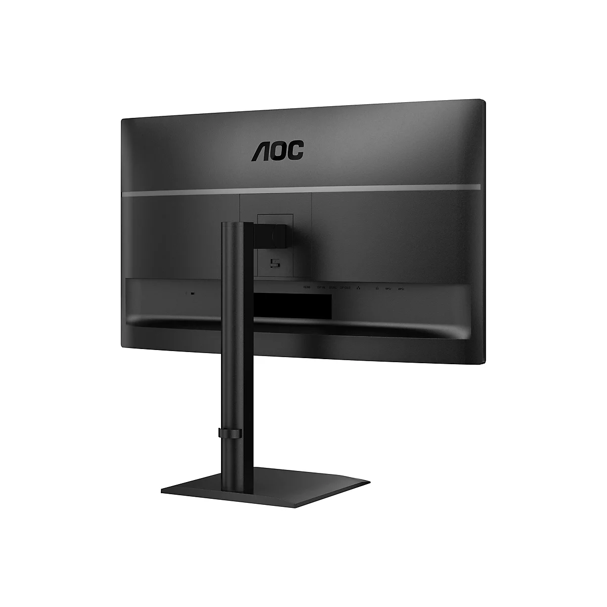 Rückansicht eines schwarzen AOC-Monitors mit Standfuß. Das AOC-Logo ist oben zentriert. Anschlüsse sind deutlich zu sehen.