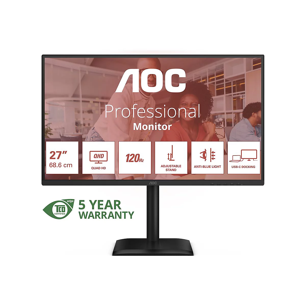 Schwarzer AOC-Monitor mit verschiedenen Funktionen: 27 Zoll, QHD, 120Hz, verstellbarer Ständer. Aufschrift: 5 Jahre Garantie.