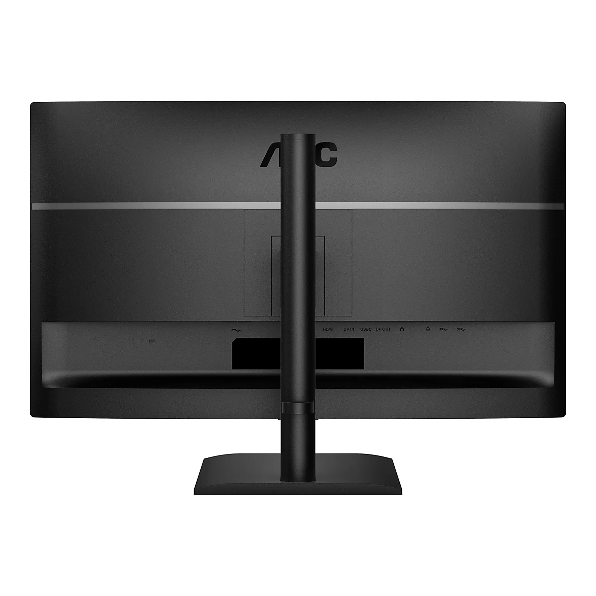 Rückseite eines schwarzen Monitors mit Standfuß. Sichtbar sind Anschlüsse wie HDMI, DP In und USB C, sowie das AOC Logo.