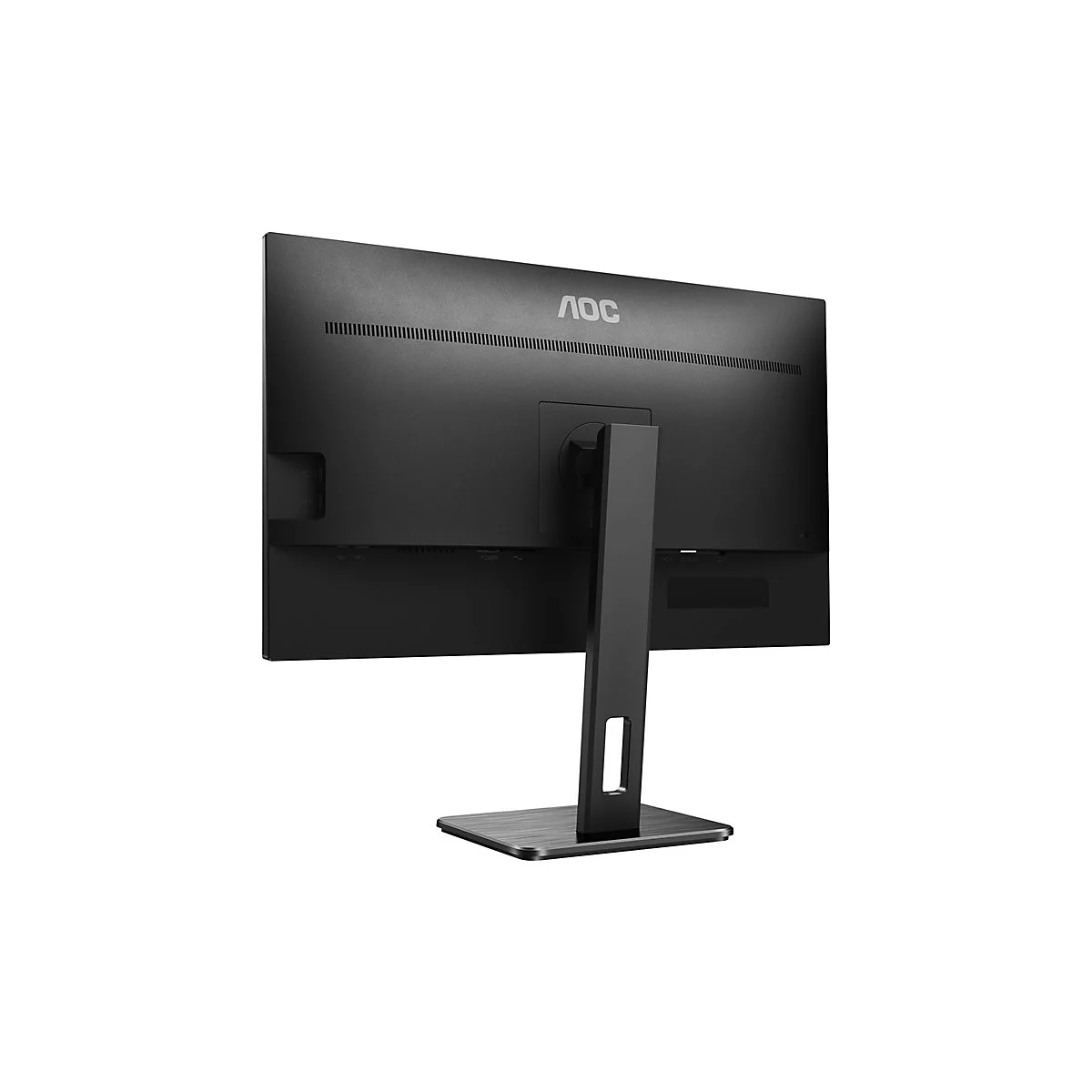 RÃ¼ckansicht eines schwarzen AOC-Monitors, mit StandfuÃŸ, auf weiÃŸem Hintergrund. Das AOC-Logo ist oben mittig.