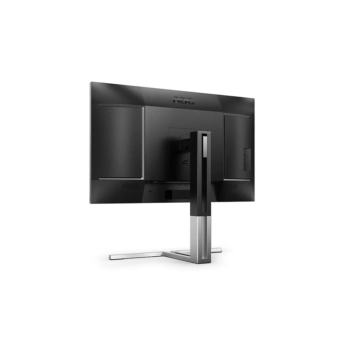 Rückansicht eines schwarzen AOC-Monitors mit silberfarbenem Standfuß, der vor einem weißen Hintergrund steht. Oben steht das AOC-Logo.