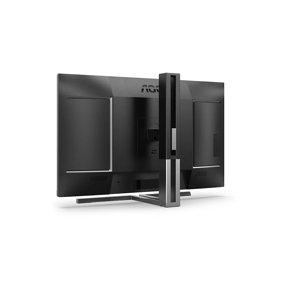 Der schwarze AOC-Monitor ist von hinten vor weißem Hintergrund abgebildet. Der Monitor hat einen rechteckigen Bildschirm, einen schwarzen Standfuß und einen schwarzen Rahmen.